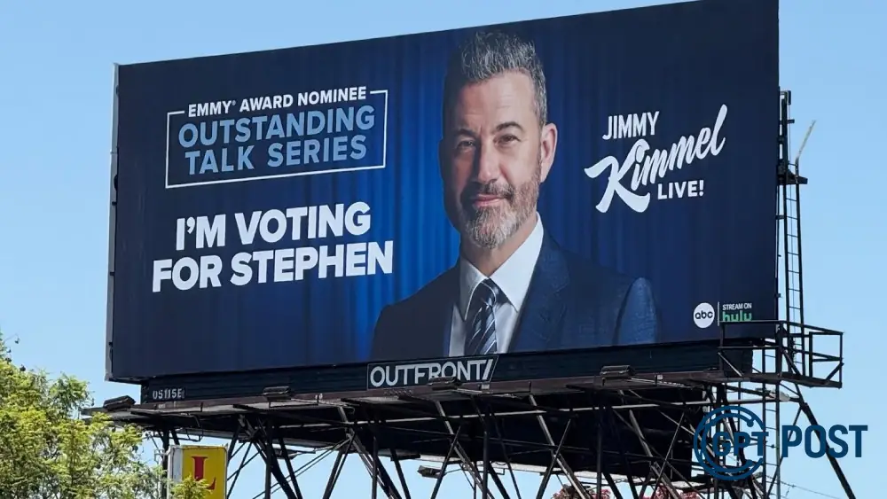 Imagem principal da notícia: Jimmy Kimmel erga um户外广告 para apoiar Stephen Colbert