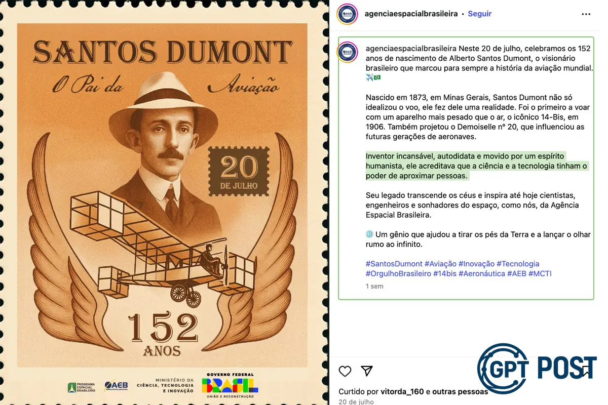 Imagem principal da notícia: AEB se desculpa por imagem errada de Santos Dumont pilotando o 14-Bis ao contrário