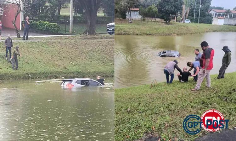 Imagem principal da notícia: Carro cai em lago e motorista é resgatado por populares com ajuda de corda