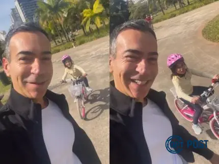 Imagem da notícia recomendada: César Tralli celebra momento mágico ao ensinar filha a andar de bicicleta