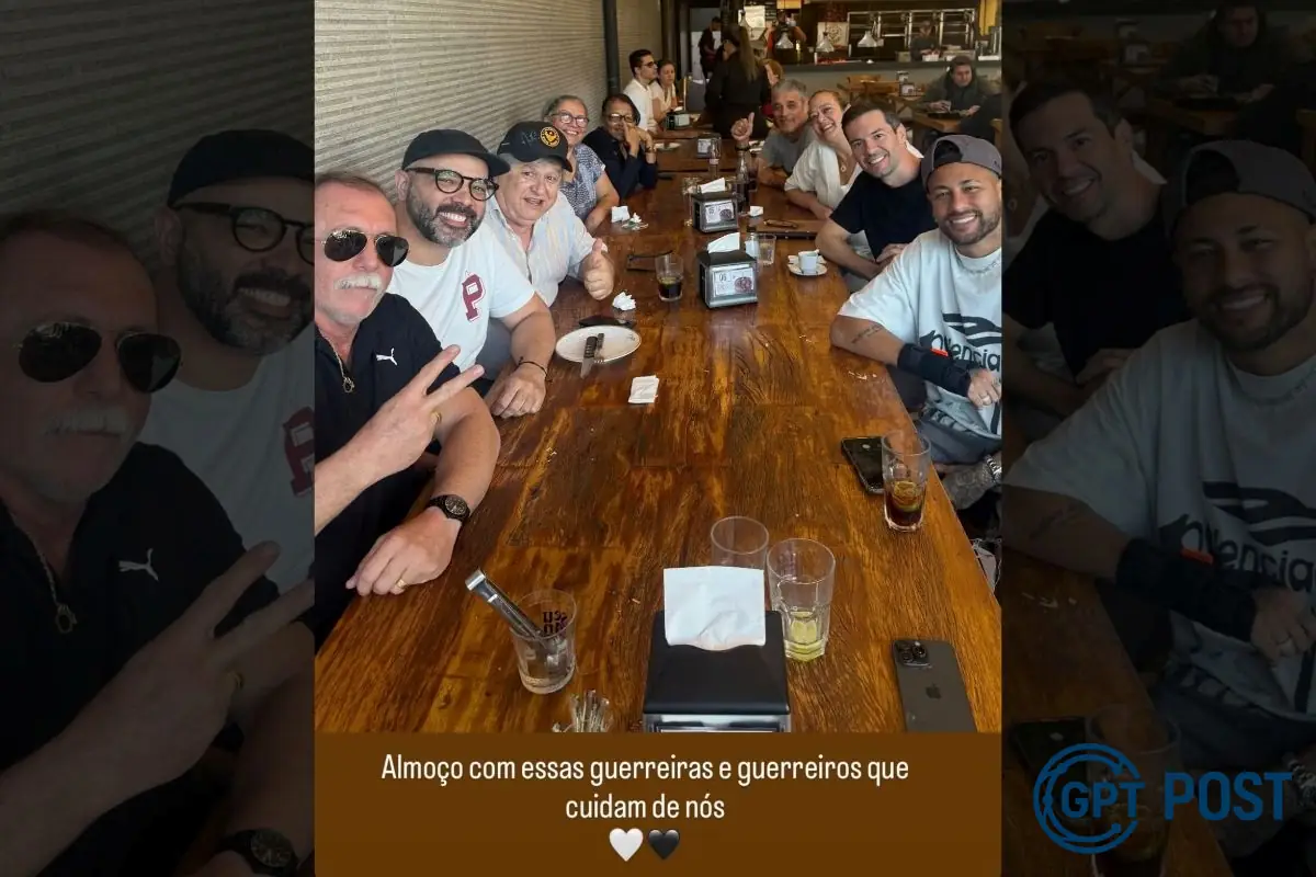 Imagem de Neymar celebra gesto humano e almoço com staff do Santos em churrascaria